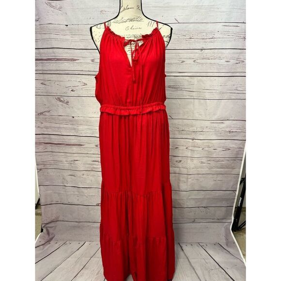 A‎ Beautiful Soul Red Maxi Dress Sleeveless Tiered Ruffle Trim Womens Size A - Picture 1 of 6